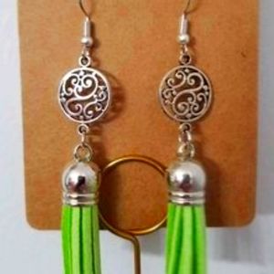 Green Leather Tassel Earrings